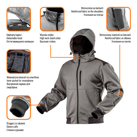 Arbetsjacka i softshell med avtagbar huva, storlek L.
