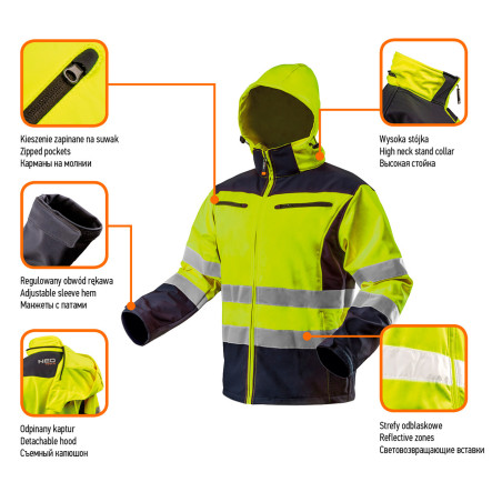 Arbetsjacka varning softshell med huva, orange, storlek XXXL