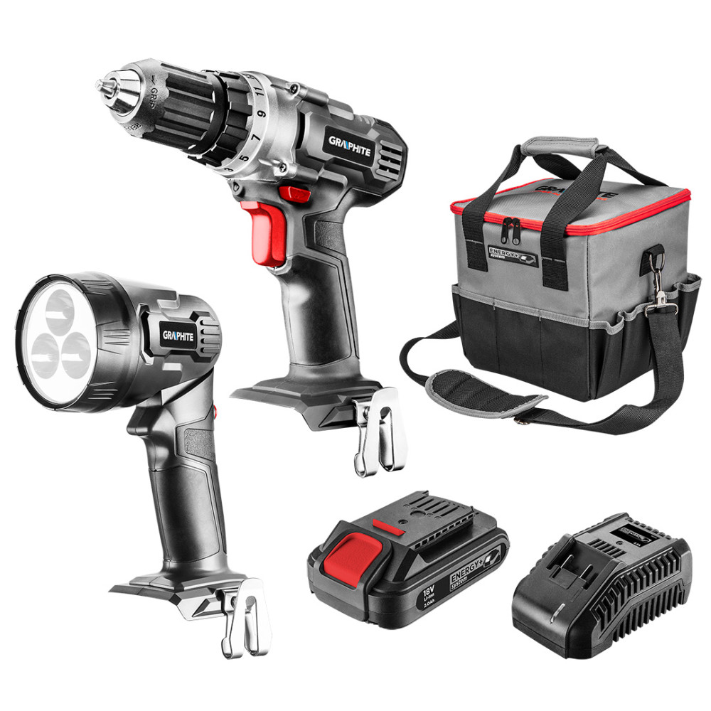 Set med batteridrivna elverktyg: borrskruvdragare, ficklampa, väska, batteri Energy+ 18V, Li-Ion 2.0Ah, laddare Set med batteridrivna elverktyg: borrskruvdragare, ficklampa, väska, batteri Energy+ 18V, Li-Ion 2.0Ah, laddare