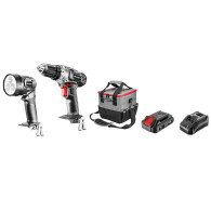 Set med batteridrivna elverktyg: borrskruvdragare, ficklampa, väska, batteri Energy+ 18V, Li-Ion 2.0Ah, laddare