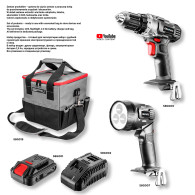 Set med batteridrivna elverktyg: borrskruvdragare, ficklampa, väska, batteri Energy+ 18V, Li-Ion 2.0Ah, laddare
