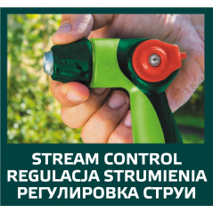 Spridare med justerbart pistolhandtag och steglös flödesreglering.