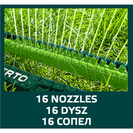 Spridare, bevattningsområde 12x18 m, 16 bevattningsmunstycken, nål för rengöring av munstycken.