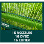 Spridare, bevattningsområde 12x18 m, 16 bevattningsmunstycken, nål för rengöring av munstycken.