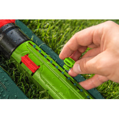 Oscillerande sprinkler, bevattningsyta 15 x 19 m, 18 bevattningsmunstycken, nål för rengöring av munstycken.