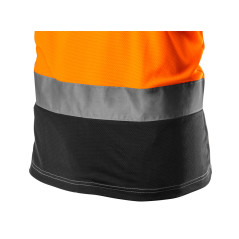 Varningströja, mörk botten, orange, storlek XL.