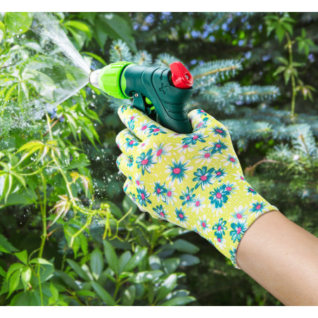 Trädgårdshandskar täckta med nitril, blommönster, storlek 8.