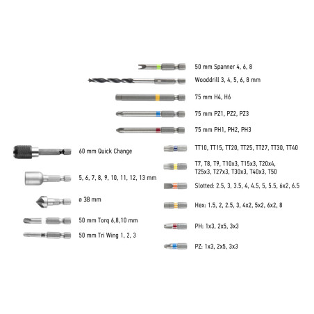 Energy+ set in an aluminum suitcase: drill/screwdriver 2x18V/2.0Ah, 10 mm, detachable handle + 109 accessories

Energisats i en 