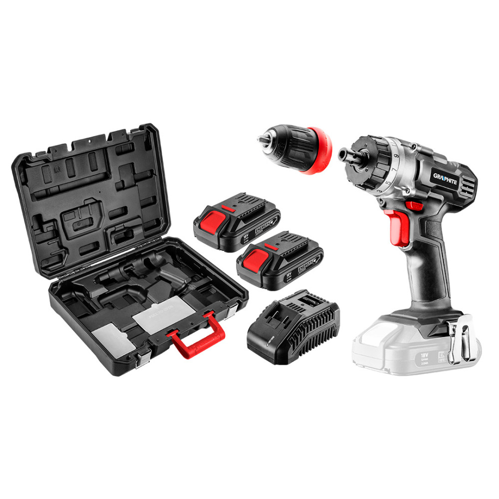 Borrskruvdragare Energy+ 18V, Li-Ion, avtagbart handtag 10 mm, 2 batterier 2Ah, laddare, väska Borrskruvdragare Energy+ 18V, Li-Ion, avtagbart handtag 10 mm, 2 batterier 2Ah, laddare, väska