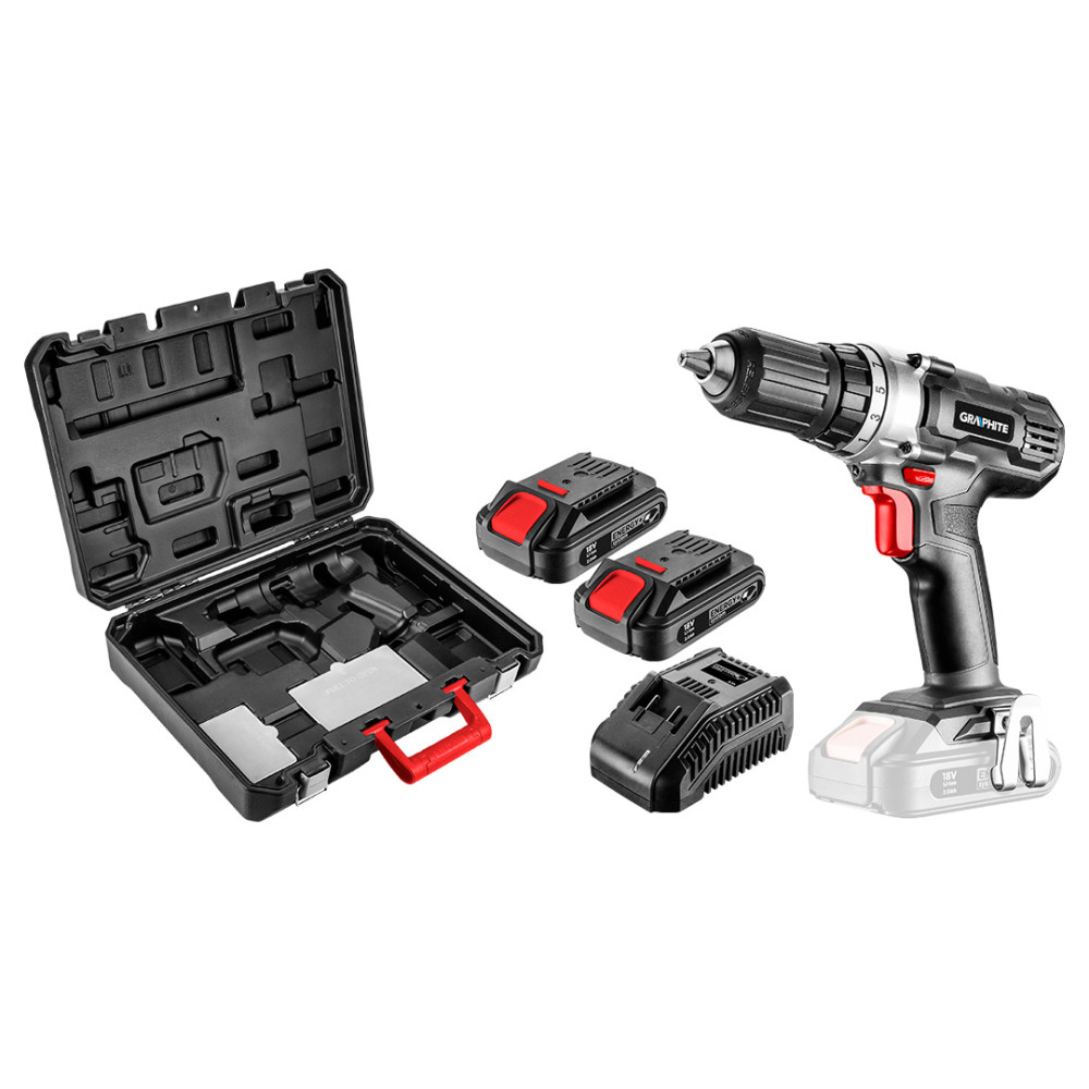 Borrmaskin och skruvdragare Energy+ 18V, Li-Ion, chuck 13 mm, 2 batterier 2Ah, laddare, väska Borrmaskin och skruvdragare Energy+ 18V, Li-Ion, chuck 13 mm, 2 batterier 2Ah, laddare, väska