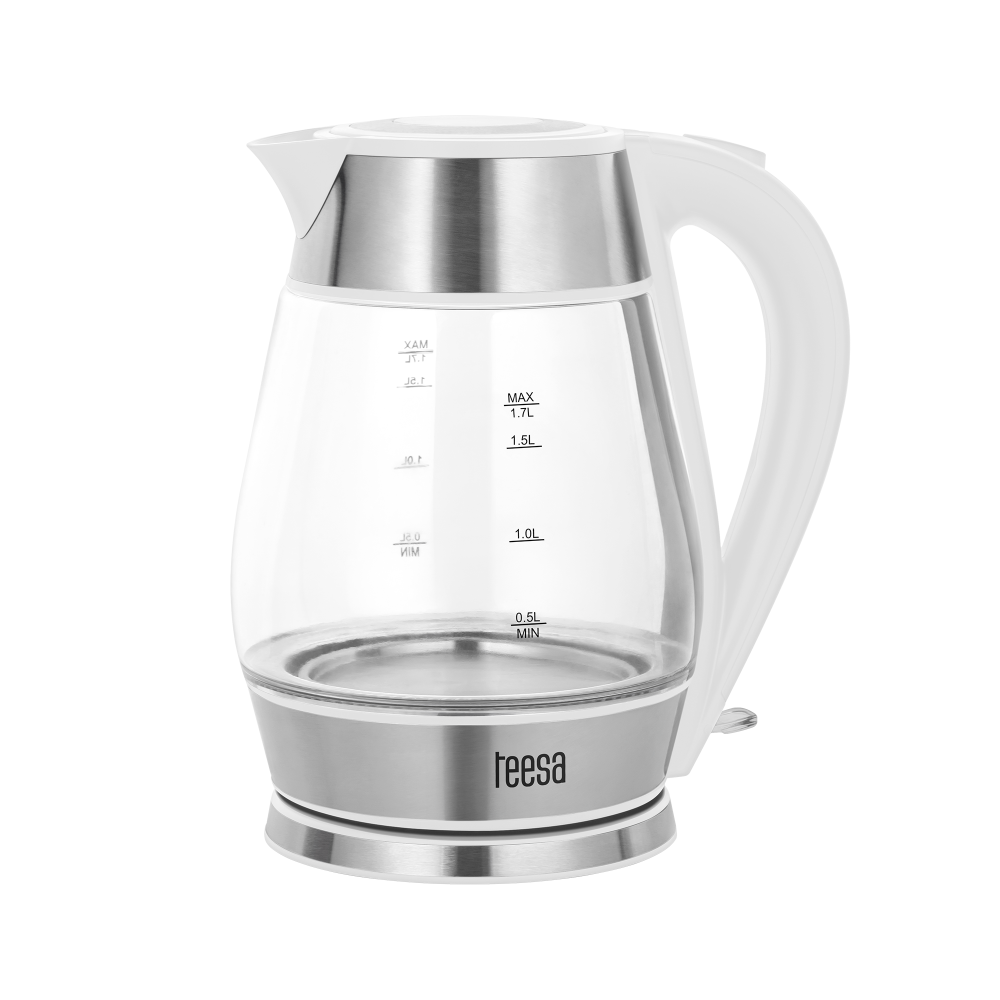 Elkedel TEESA, glas + rostfritt stål, 2200 W, vit, 1,7 L