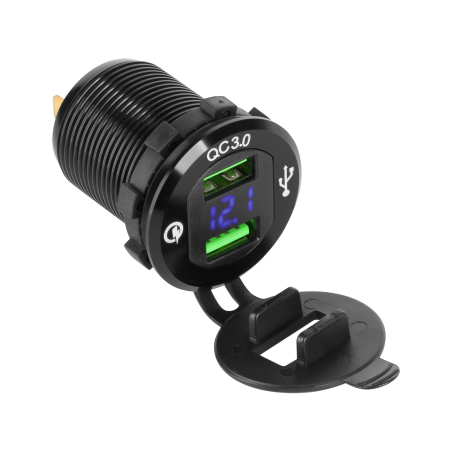 Biladdare för bil med 2xUSB med Quick Charge-funktion och spänningsmätare