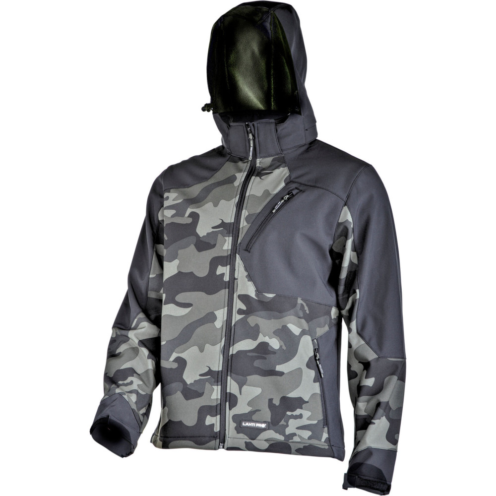 Jacka i softshell med kamouflagegrön-svart huva, '3XL', CE, Lahti Jacka i softshell med kamouflagegrön-svart huva, '3XL', CE, Lahti
