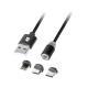 Magnetisk 3-i-1 USB-kabel microUSB, USB-C, Lightning 100 cm svart
