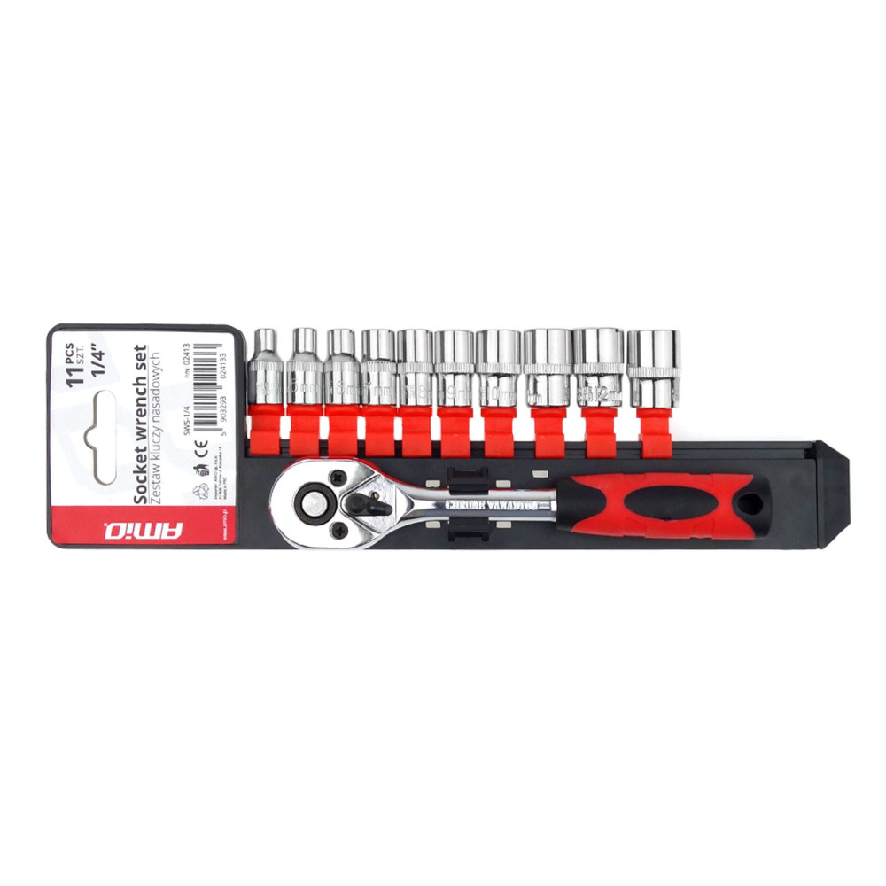 Hylsnyckelsats med ratel 11 delar 1/4' 4-13mm amio-02413
