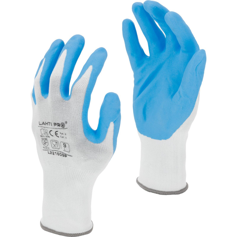 Handskar i nitrit, vit-blå, l221610p, förpackning, '10', CE, Lahti