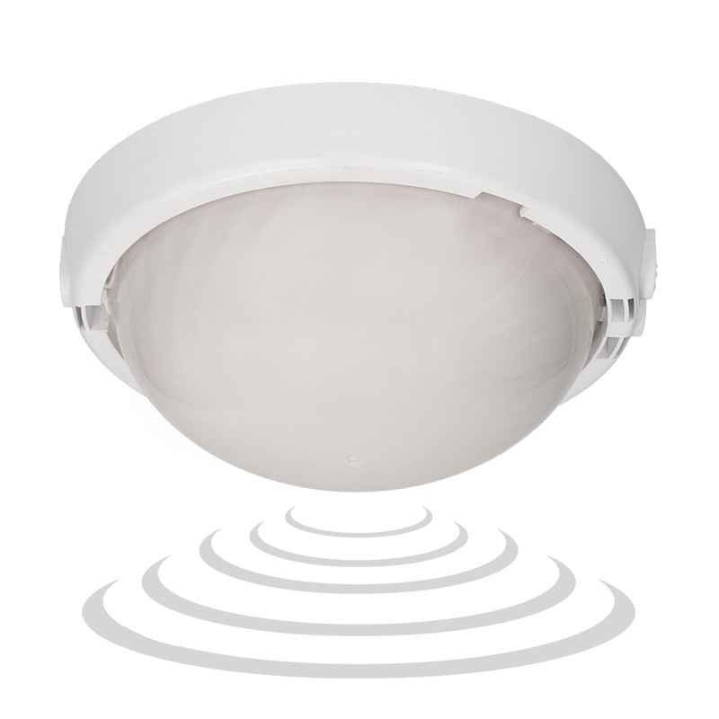 8080T/MAT-TRIO/MS/PL, belysningsarmatur med mikrovågsrörelsesensor, 75W, E27, IP44, IK10, mjölkfärgad polykarbonat, drossel
