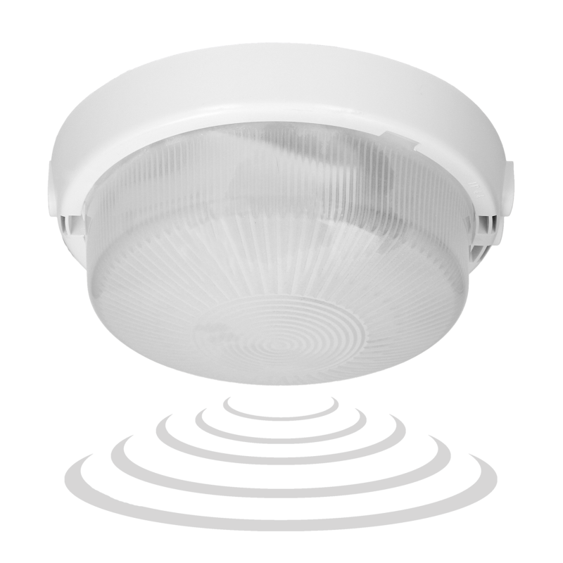 8080T/MAT-RIVA/MS, belysningsarmatur med mikrovågsrörelsesensor, 100W, E27, IP44, mattglas, tändspolar