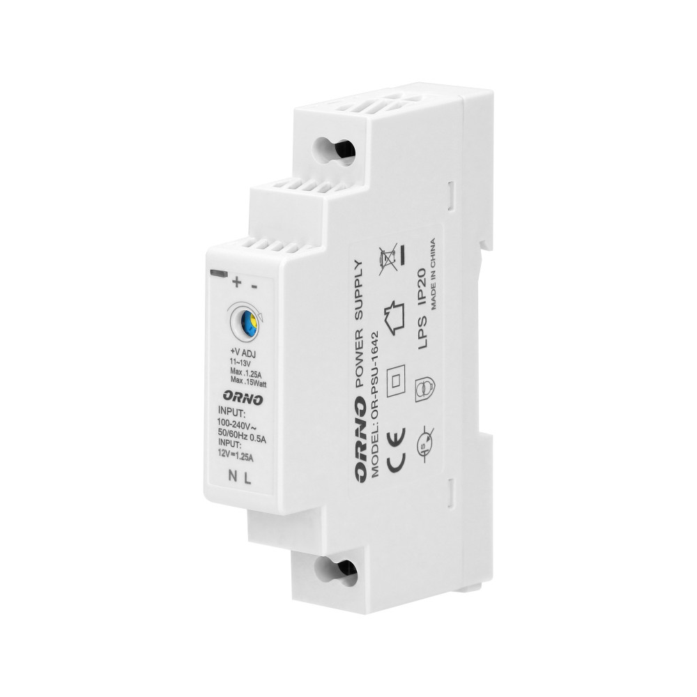 Strömförsörjning på DIN-skena 12VDC, 1,25A, 15W, bredd 1 modul Strömförsörjning på DIN-skena 12VDC, 1,25A, 15W, bredd 1 modul