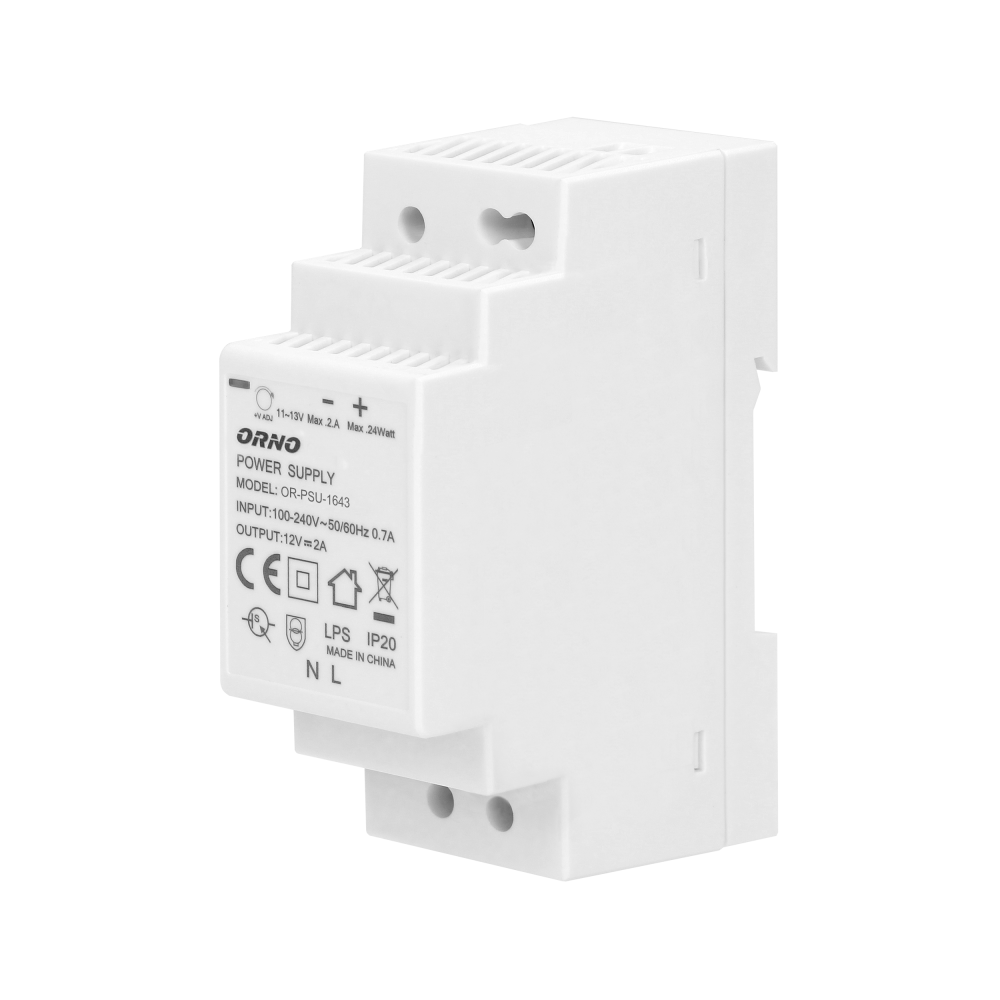 Strömförsörjning på DIN-skena 12VDC, 2A, 24W, bredd 2 moduler Strömförsörjning på DIN-skena 12VDC, 2A, 24W, bredd 2 moduler