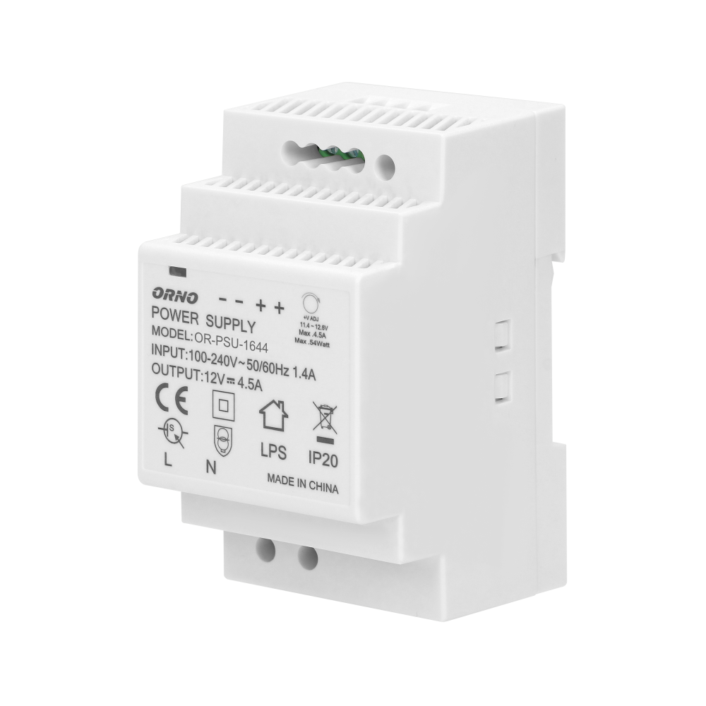 Zasilacz na szynę DIN 12VDC, 4,5A, 54W, szerokość 3 moduły Zasilacz na szynę DIN 12VDC, 4,5A, 54W, szerokość 3 moduły