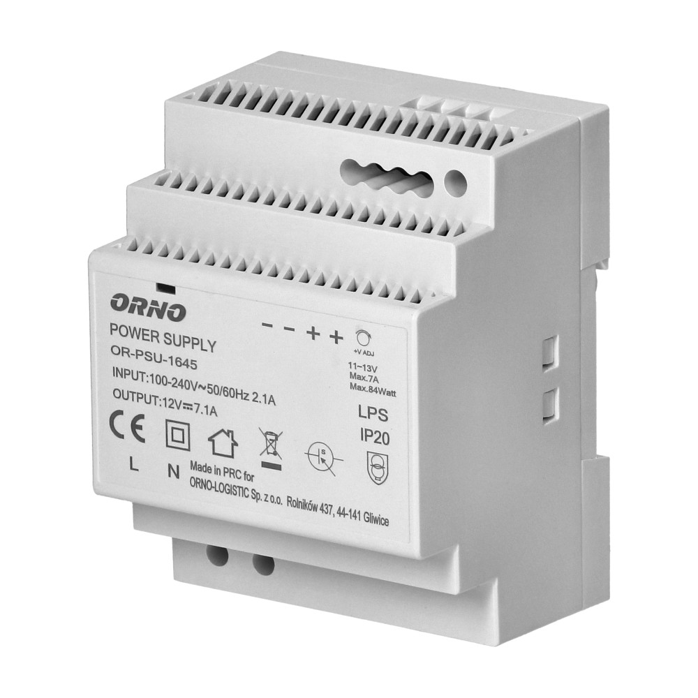 Strömförsörjning på DIN-skena 12VDC, 7A, 84W, bredd 4 moduler. Strömförsörjning på DIN-skena 12VDC, 7A, 84W, bredd 4 moduler.