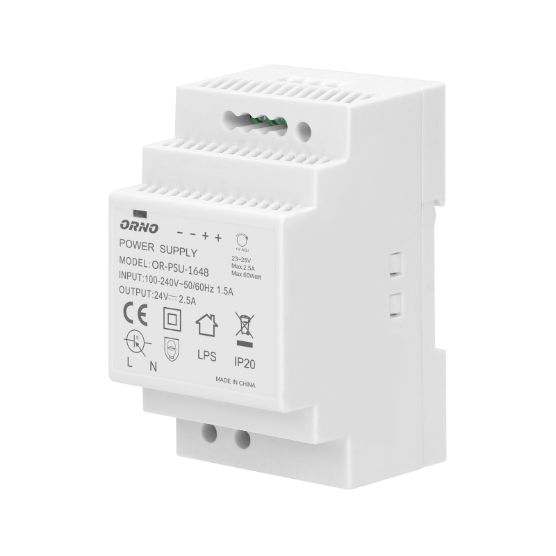 Strömförsörjning för DIN-skena 24VDC, 2,5A, 60W, bredd 3 moduler.