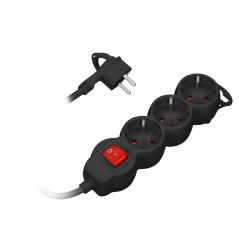 Förlängningssladd med 3 uttag och strömbrytare, 1,5m H05VV-F 3x1,0mm², Imax-10A, platt stickpropp, svart