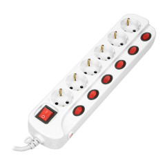 Eluttag 'Multiswitch', 6 uttag 2P+Z (schuko), kabel 3x1,5mm², längd 1,5m, med belysta strömbrytare: huvudströmbrytare.