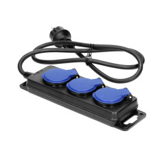 Förlängningskabel för verkstad, stänksäker IP44, 3 uttag 2P+Z IP44, gummikabel, H05RR-F 3x1,5mm², längd 5m.