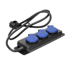 Förlängningskabel för verkstad, stänksäker IP44, 3 uttag 2P+Z IP44, gummikabel, H05RR-F 3x1,5mm², längd 5m.