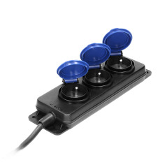 Förlängningskabel för verkstad, stänksäker IP44, 3 uttag 2P+Z IP44, gummikabel, H05RR-F 3x1,5mm², längd 5m.