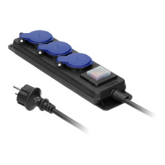 Förlängningssladd för verkstad med stänkskydd och strömbrytare IP44, 3 uttag 2P+Z IP44, gummikabel H05RR-F 3x1,5mm², längd 3m.