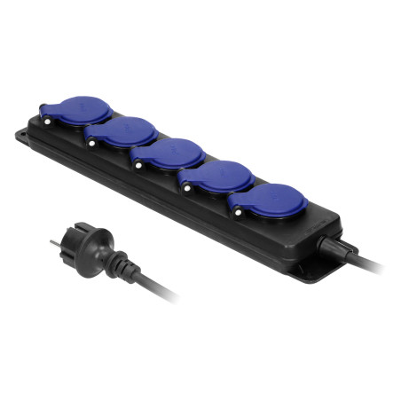 Förlängningssladd för verkstad, stänksäker IP44, 5 uttag 2P+Z IP44, gummikabel, H05RR-F 3x1,5mm², längd 3m.