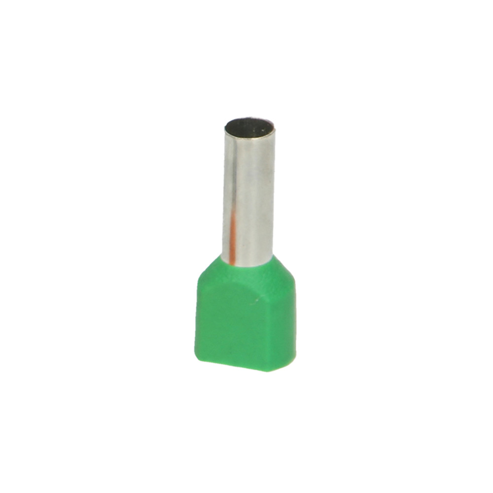 Isolerad dubbelhylsa, maximal tvärsnitt 6 mm², kopparhylsans längd 14 mm, blisterförpackning med 25 stycken. Isolerad dubbelhylsa, maximal tvärsnitt 6 mm², kopparhylsans längd 14 mm, blisterförpackning med 25 stycken.