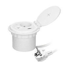 Möbeluttag med en induktionsladdare på 8 cm som är infällt i bordsskivan, med en USB-laddare med 2 uttag för A och C, kabelgenom