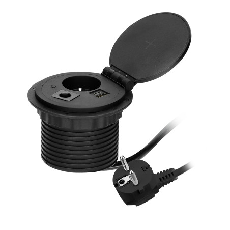 Möbeluttag med en induktionsladdare på 8 cm som är infällt i bordsskivan, med en USB-laddare med 2 uttag för A och C, samt en…