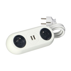 Möbeluttag med monteringsfäste, USB-laddare, 2 uttag 2P+Z, 2xUSB, kabel 3x1,0mm² - 1,5m, vit | HandlaSmidigt.se