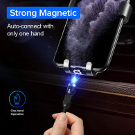 Magnetisk kabel Maclean, Vinklad, Stöder snabbladdning, USB C 3-i-1, 9V/2A, 5V/3A, Nylonfläta i svart färg, 1m, MCE474