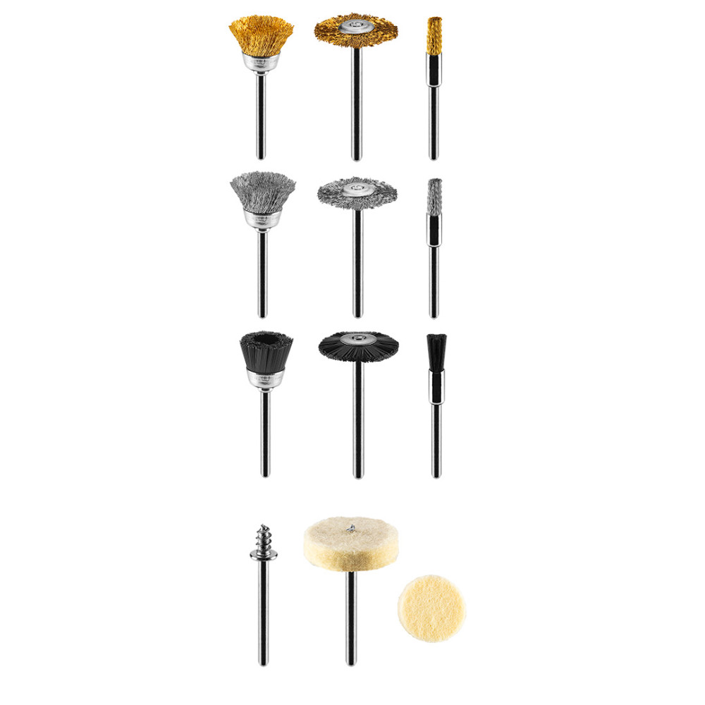 Tillbehör till minislipmaskin, stålborstar, filtar, set med 15 delar. Tillbehör till minislipmaskin, stålborstar, filtar, set med 15 delar.
