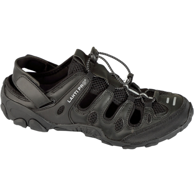 Svarta tyg- och lädersandaler, storlek 43, Lahti.