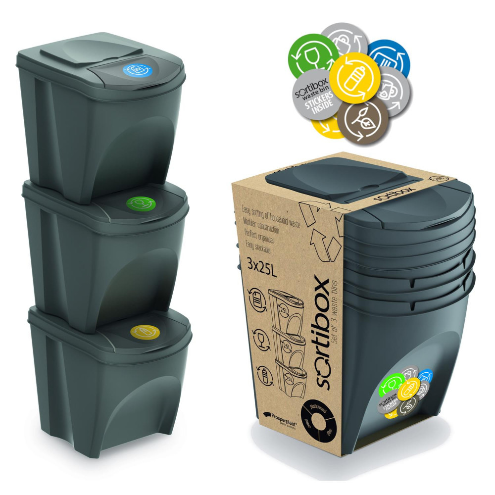 Set med korgar för sortering Sortibox 3x25L grå