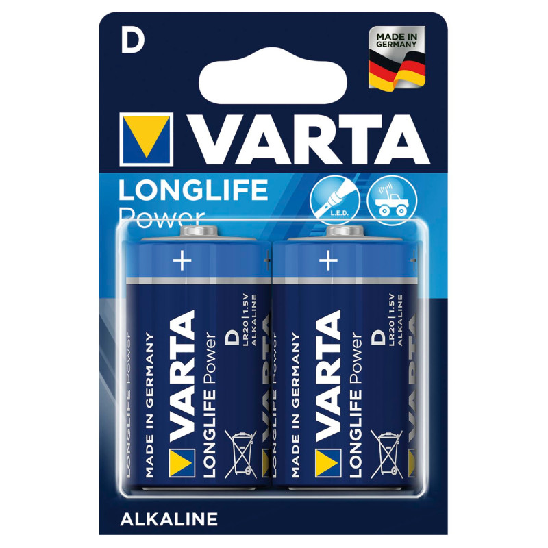 2 st alkaliska batterier R-20 R20 1,5V Varta Longlife Power