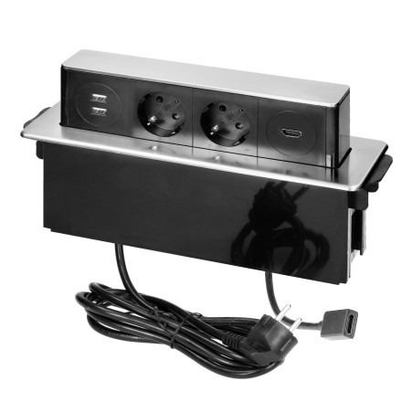 Möbeluttag med utdragbart uttag från bordsskivan med platt fräst kant, USB-laddare och 2m kabel, 2x2P+Z (Schuko), 2 x USB (Typ A