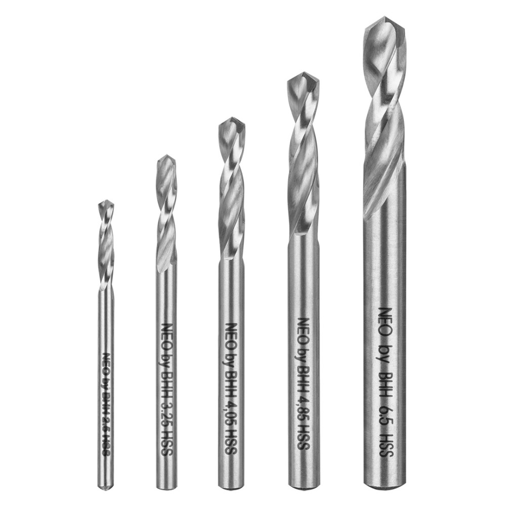 Specialborrar för att borra upp självskärpande nitar, HSS, 2,5-6,5 mm, korta, set om 5 st. Specialborrar för att borra upp självskärpande nitar, HSS, 2,5-6,5 mm, korta, set om 5 st.
