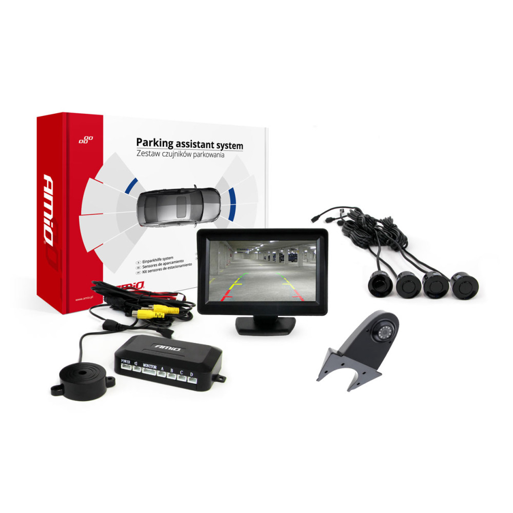 Parkeringssensorset TFT01 4,3' med HD-502-IR kamera 4 svarta sensorer