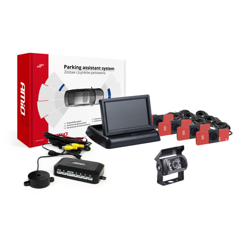 Parkeringssensorset TFT02 4,3' med HD-501-IR kamera 4 svarta inre sensorer