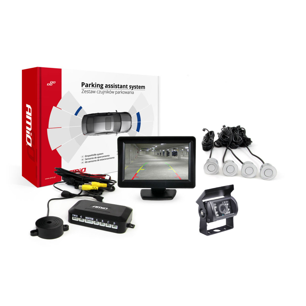 Parksensorset TFT01 4,3' med kamera HD-501-IR 4 silverfärgade sensorer Parksensorset TFT01 4,3' med kamera HD-501-IR 4 silverfärgade sensorer