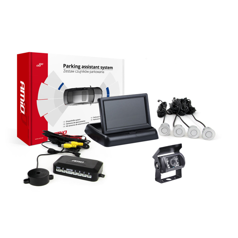Parkeringsensorsats TFT02 4,3' med kamera HD-501-IR 4 silverfärgade sensorer Parkeringsensorsats TFT02 4,3' med kamera HD-501-IR 4 silverfärgade sensorer