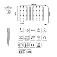 Solcellsdrevna LED-lampor Maclean, 2,4m längd, 144 LED-dioder, 8 RGB-strålar, nedåtgående stråleläge, 800mAh Li-batteri, MCE412